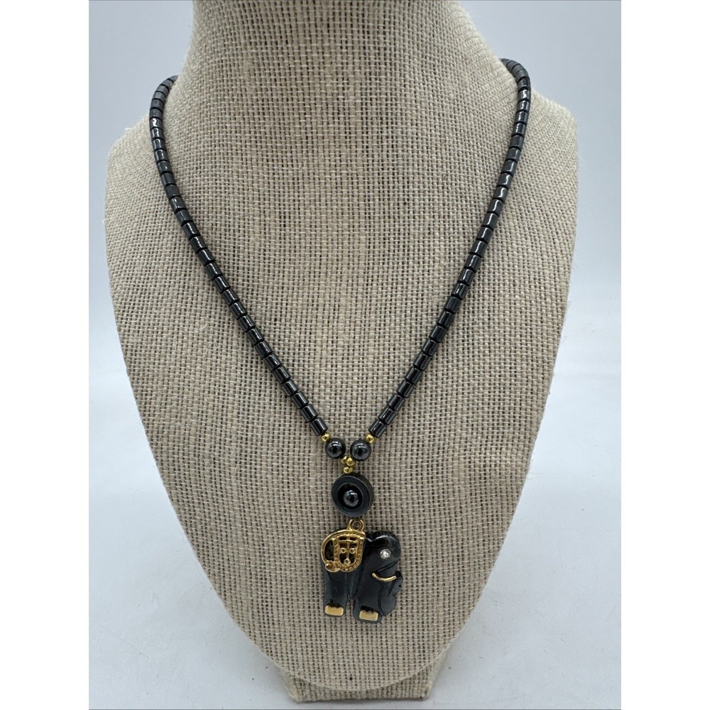 Vintage Hematite Elephant Pendant Necklace